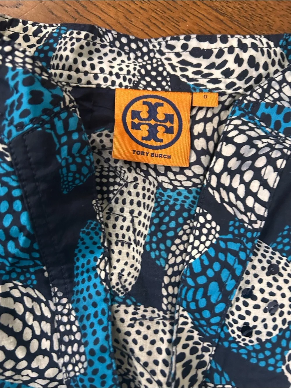 Tory Burch Navy, White & Teal Printed Button-Front Blouse